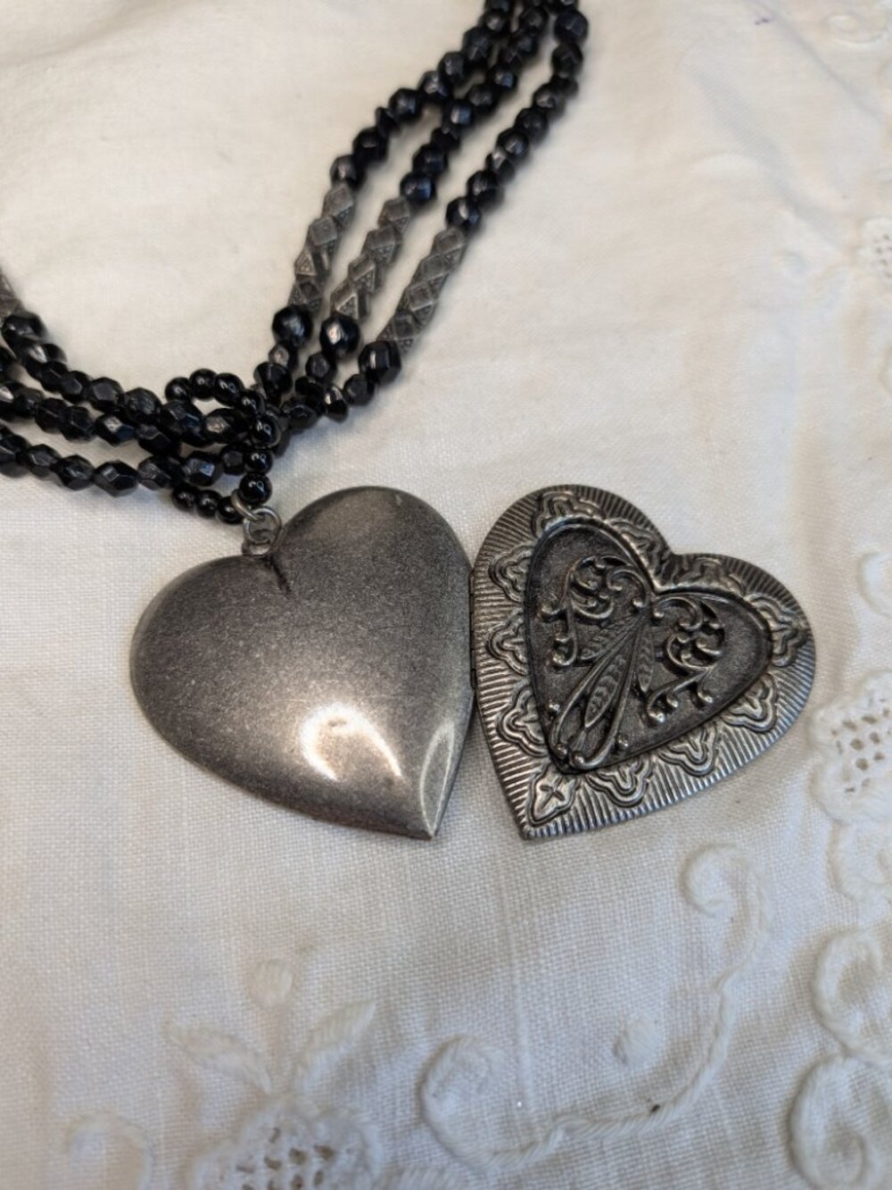 Victorian Revival Black Beaded Heart Locket Necklace – 3 Strands, Adjustable